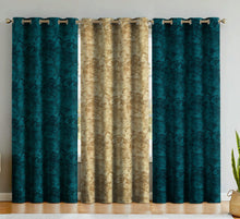 Load image into Gallery viewer, Rayna Decor Velvet Abstract Window Curtain, 5 ft, Turkish Blue & Light Grey, Pack of 3