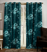 Load image into Gallery viewer, Rayna Decor Set of 2 Soft Luxury Floral Suede Velvet Eyelet Window Curtains, Teal Blue
