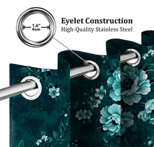 Load image into Gallery viewer, Rayna Decor Set of 2 Soft Luxury Floral Suede Velvet Eyelet Window Curtains, Teal Blue