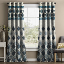 Load image into Gallery viewer, Rayna Decor Set of 2 Floral Damask Jute Jacquard Eyelet Long Door Curtain with Rust Free Eyelet Ringss. - 4x9 feet, Aqua