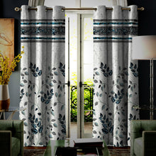Load image into Gallery viewer, Rayna Decor Set of 2 Floral Damask Jute Jacquard Eyelet Long Door Curtain with Rust Free Eyelet Ringss. - 4x9 feet, Aqua-2