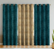 Load image into Gallery viewer, Rayna Decor Velvet Eyelet Window Curtain, 5 ft, Turkish Blue &amp; Light Brown, Set of 3
