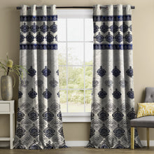 Load image into Gallery viewer, Rayna Decor Set of 2 Floral Damask Jute Jacquard Eyelet Long Door Curtain with Rust Free Eyelet Ringss. - 4x9 feet, Royal Blue
